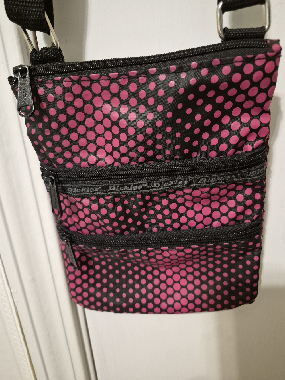 Pink Polka Dot Dickies  Crossbody Bag with Black Strap - Picture 3 of 4